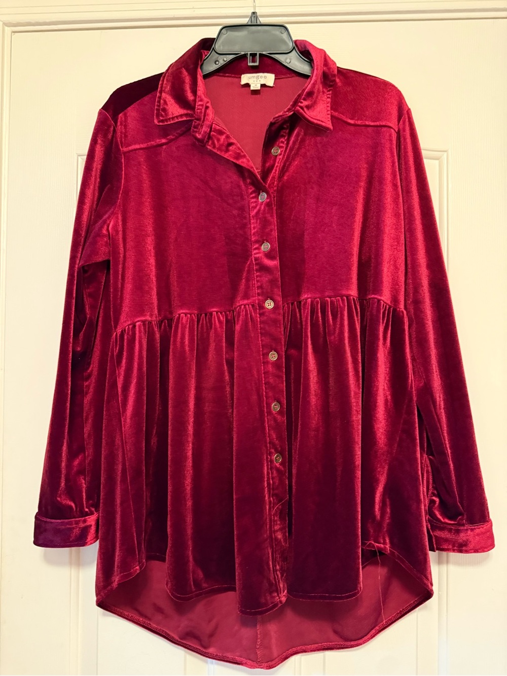 Umgee Velvet Button-Front Longer Shirt - Magenta-Size M - Picture 2 of 5